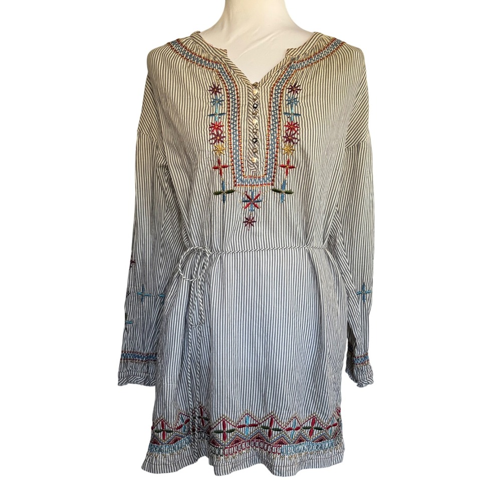 Johnny Was‎ Workshop Embroidered Tunic Top Long Sleeve V Neck Tie Waist Boho XS